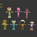 3D Cartoon Game And Animation Characters With Various Outfits And Hairstyles