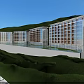 Modern Waterfront Hotel Building With Multi Story White Brown Facade And Mountain View