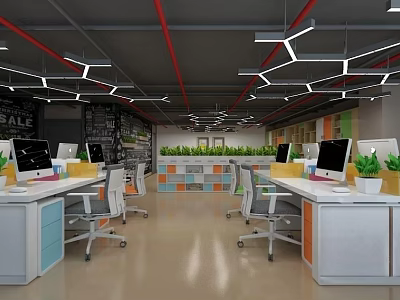 Modern Public Office Space With Workstations Computers Ergonomic Chairs And Geometric Pendant Lights 3d model