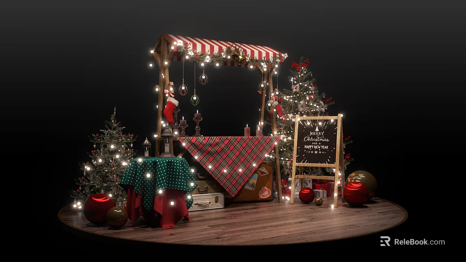Festive Christmas Market Stall With Red White Striped Awning Lights Trees And Gifts 3d model 