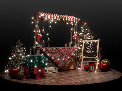 Festive Christmas Market Stall With Red White Striped Awning Lights Trees And Gifts 3d model