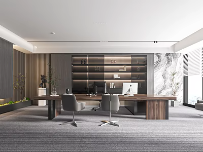Modern Office Interior With Large Wooden Desk Two Gray Chairs Bookshelf And Marble Wall 3d model
