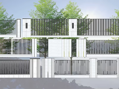 Modern Garden Wall With Metal Grille Design And Lush Greenery Background 3d model