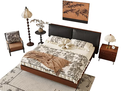 Double Bed With Wooden Frame Black Headboard Patterned Bedding And Bedside Lamps 3d model