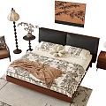 Double Bed With Wooden Frame Black Headboard Patterned Bedding And Bedside Lamps 3d model