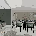 Chinese Style Private Dining Room With Round Table Green White Chairs And Decorative Paintings