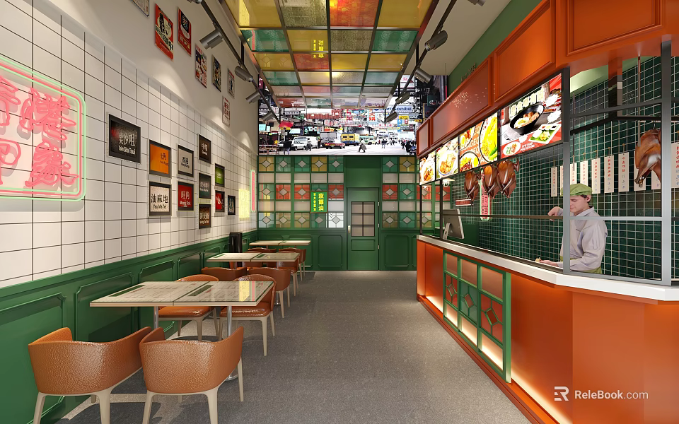 Vibrant Restaurant Interior With Colorful Ceiling Orange Counter Green Walls And Wooden Tables 3d model 