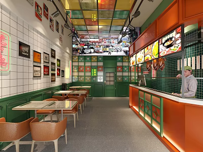 Vibrant Restaurant Interior With Colorful Ceiling Orange Counter Green Walls And Wooden Tables 3d model