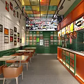 Vibrant Restaurant Interior With Colorful Ceiling Orange Counter Green Walls And Wooden Tables