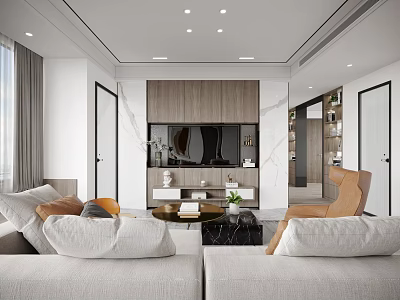 Modern Living Room Interior With White Sofa Wooden TV Wall And Black Marble Coffee Table 3d model