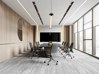 Modern Spacious Conference Room Interior With Large Windows Long Table Ergonomic Chairs And Sleek Lighting 3d model