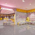 Cheese Themed Store Interior With Colorful Dots Wall Decor Display Shelves And Tables