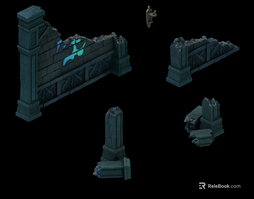 Ruined Ancient Building Exterior Wall With Stone Pillars And Broken Decorative Sections 3d model 