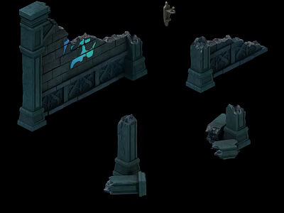 Ruined Ancient Building Exterior Wall With Stone Pillars And Broken Decorative Sections 3d model