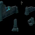 Ruined Ancient Building Exterior Wall With Stone Pillars And Broken Decorative Sections
