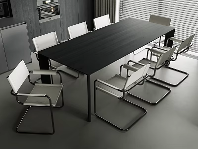 Modern Dining Table Set With Black Tabletop And White Metal Frame Chairs 3d model