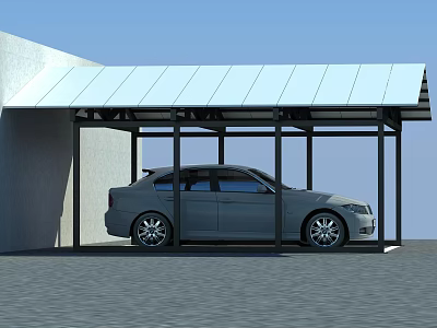 Covered Parking Lot With Metal Roof Black Frame And Gray Car On Paved Ground 3d model