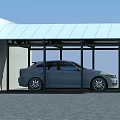Covered Parking Lot With Metal Roof Black Frame And Gray Car On Paved Ground