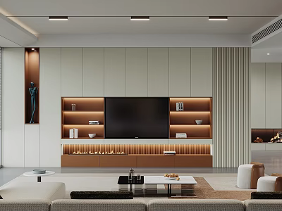 Modern Living Room Interior Design With TV Wall Storage Cabinets And Fireplace 3d model