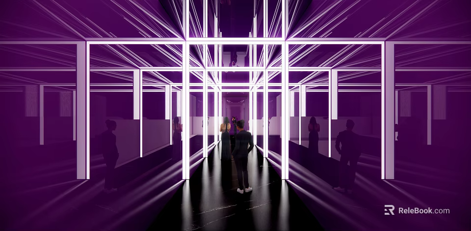 Elevator Hallway with Purple Illuminated Lines and Mirror Surfaces Where People Walk Through Modern Design 3d model 