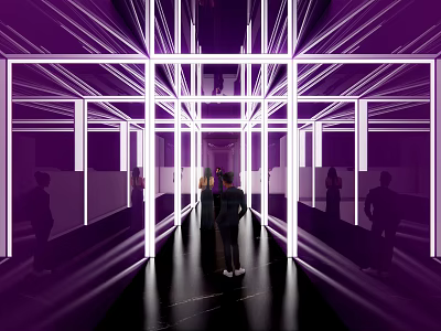 Elevator Hallway with Purple Illuminated Lines and Mirror Surfaces Where People Walk Through Modern Design 3d model