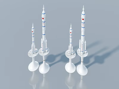 Three White Rocket Models With Blue Stripes And Red Logos On White Bases With Shadows 3d model