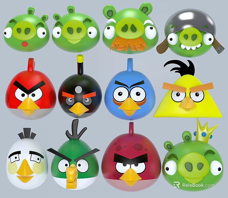 Colorful Angry Birds And Green Pigs Character Figurines With Diverse Expressions 3d model 