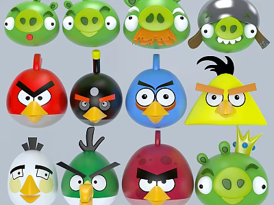 Colorful Angry Birds And Green Pigs Character Figurines With Diverse Expressions 3d model