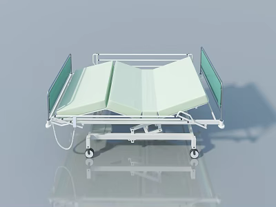 Adjustable Medical Bed With Flat Opening Side Rails Green Mattress And Wheels 3d model