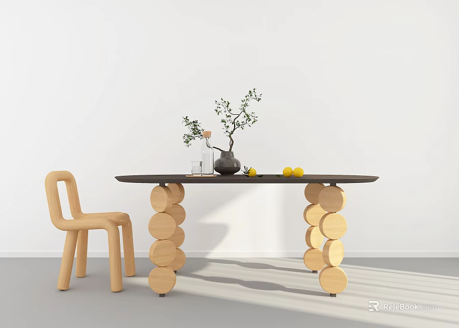 Minimalist Modern Dining Table Set With Circular Wooden Discs Legs Light Chair Green Plant Lemons 3d model 
