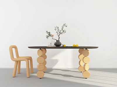 Minimalist Modern Dining Table Set With Circular Wooden Discs Legs Light Chair Green Plant Lemons 3d model