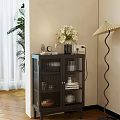 Stylish Glass Door Decorative Cabinet With Interior Books Candles White Flowers And Table Lamp