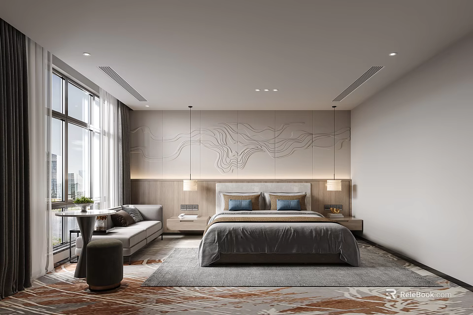 Modern Hotel Room Interior With King Bed Decorative Wall Seating Area And Patterned Rug 3d model 