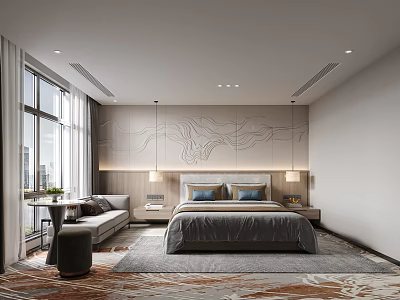 Modern Hotel Room Interior With King Bed Decorative Wall Seating Area And Patterned Rug 3d model