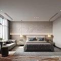 Modern Hotel Room Interior With King Bed Decorative Wall Seating Area And Patterned Rug