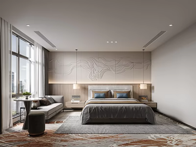 Modern Hotel Room Interior With King Bed Decorative Wall Seating Area And Patterned Rug 3d model