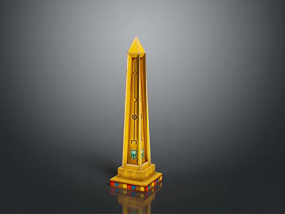 Yellow Obelisk With Colorful Base Decorations On Dark Background With Reflection 3d model