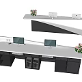 Modern Black and White Reception Desk With Computer Monitors And Flower Arrangement