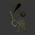Rustic Household Items Featuring Green Liquid Bottle Horn Container Wooden Handle Sickle And Green Plants
