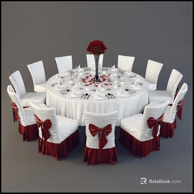 Elegant Round Dining Table Set With White Tablecloth Red Flower Bouquet White Chairs And Red Bows 3d model 