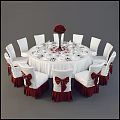 Elegant Round Dining Table Set With White Tablecloth Red Flower Bouquet White Chairs And Red Bows