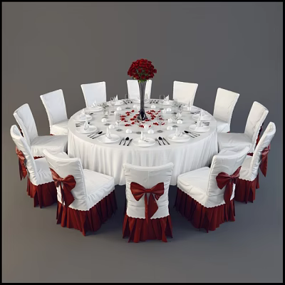 Elegant Round Dining Table Set With White Tablecloth Red Flower Bouquet White Chairs And Red Bows 3d model