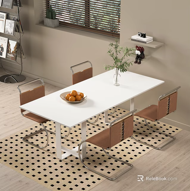 Modern White Dining Table Set With Brown Chairs Bowl Of Oranges Plant On Checkered Rug 3d model 