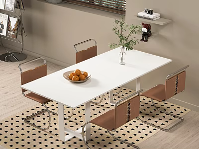 Modern White Dining Table Set With Brown Chairs Bowl Of Oranges Plant On Checkered Rug 3d model