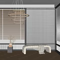 White Window Blinds Filtering Natural Light In Modern Interior With Wooden Bench And Green Plant