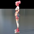 Game and Movie Character With Pink Hair White Top Red Heart Denim Shorts Red Boots