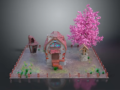 Modern Rural Scene With Small House Pink Cherry Blossom Tree Wooden Fence And Well 3d model