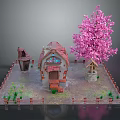 Modern Rural Scene With Small House Pink Cherry Blossom Tree Wooden Fence And Well