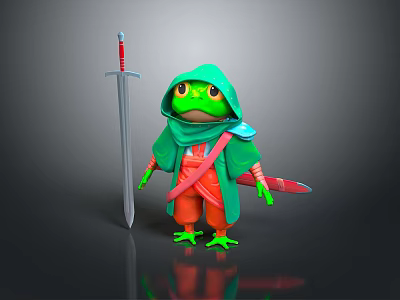 Green Reptile Character Wearing Hooded Cloak Orange Pants And Sword On Reflective Floor 3d model