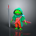 Green Reptile Character Wearing Hooded Cloak Orange Pants And Sword On Reflective Floor